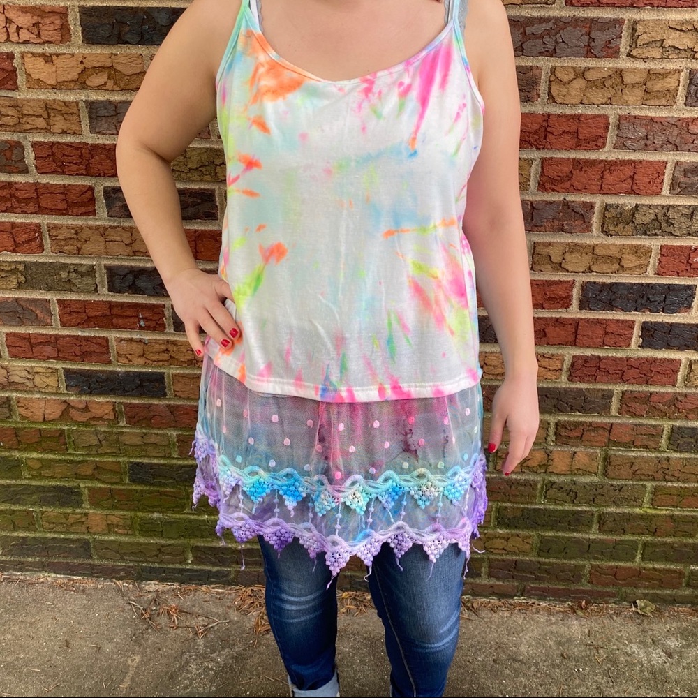 Rainbow tie dye camisole with lace on bottom - Picture 3 of 13